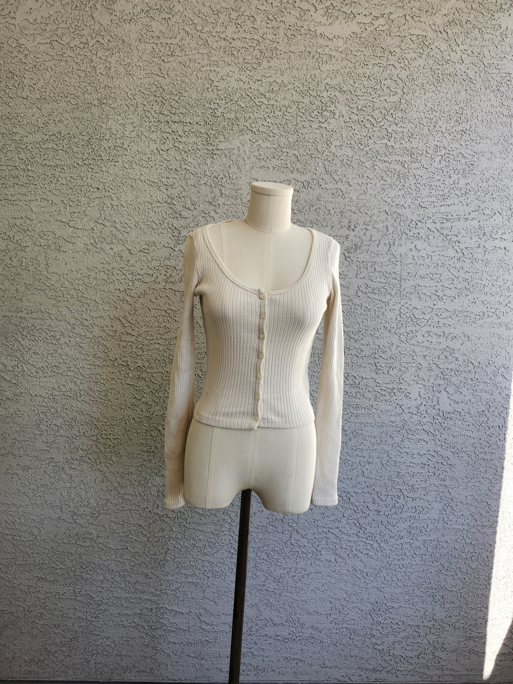 Brandy Melville Ribbed Button-Front Scoop Neck Long Sleeve Top - Cream